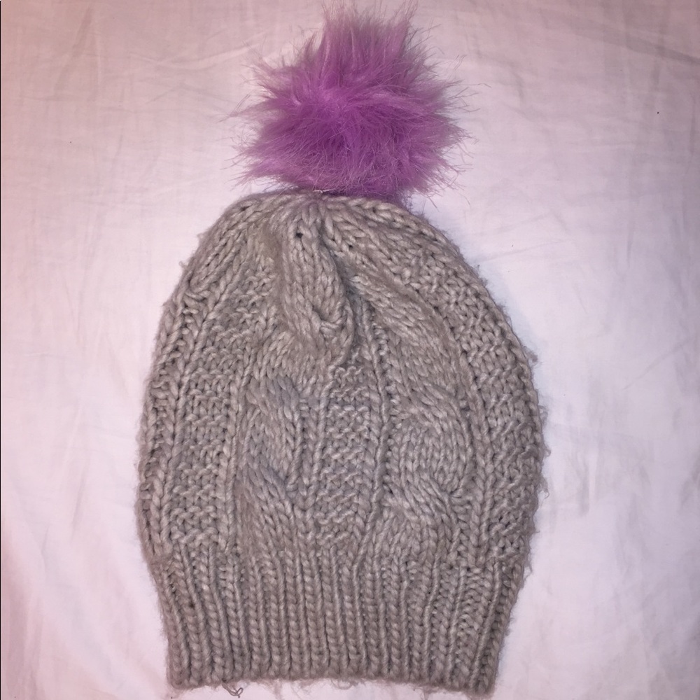 Gray Knit Beanie with Floppy Pom Pom